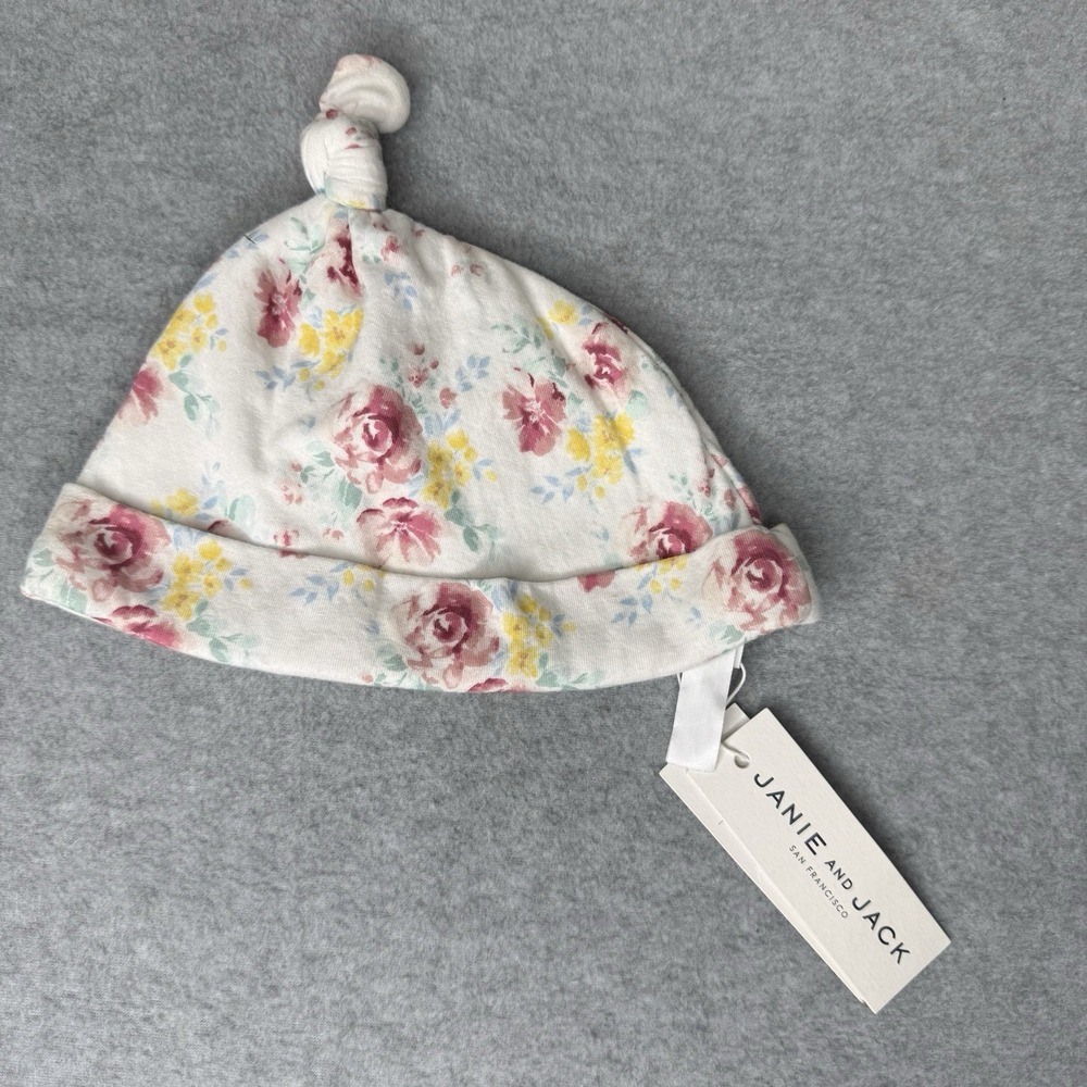 New Janie And Jack White Pink Floral Top‎ Knot Baby Hat 18-24 Months